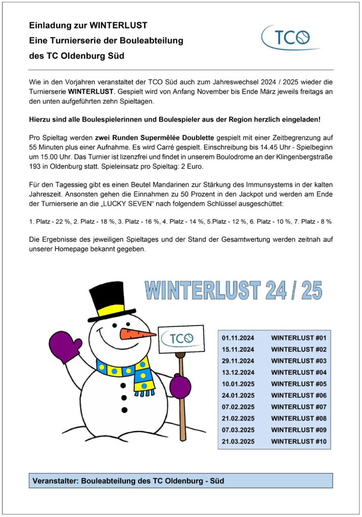 Einladung zur Turnierserie WINTERLUST 24 / 25 des TCO 1